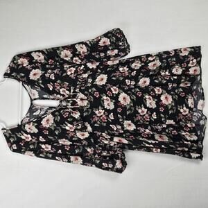 American Eagle AEO Black Pink Floral 3/4 Puff Sleeve Mini Dress Boho Size M